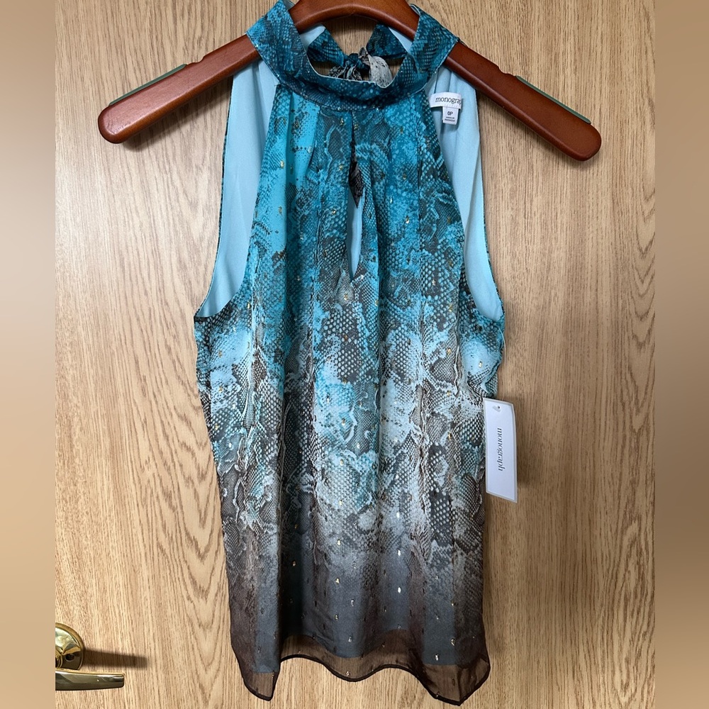 New Monograph Blue/Brown Snake Sheer Sleeveless Back Tie Blouse Women’s 0P
